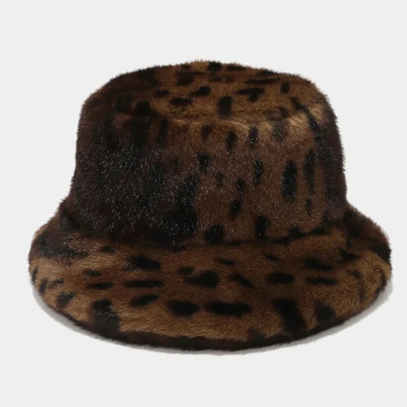 SEE MY OTHER ONES Faux Fur Bucket Hat Cheetah Print Animal Print Brown Black - Picture 4 of 11